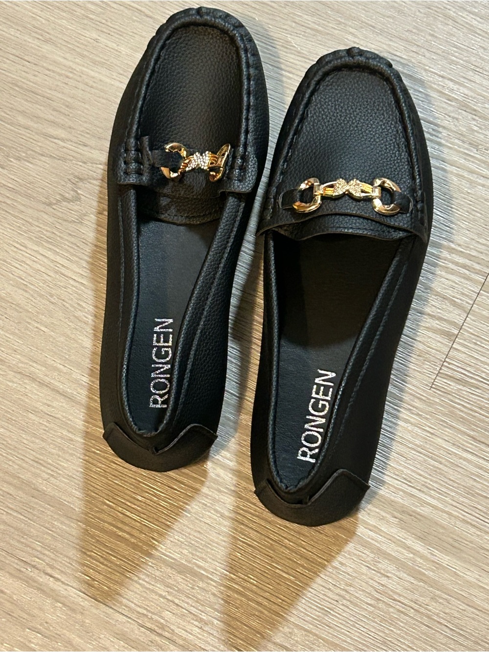 & Other Stories Black Leather-Textured Loafers with Gold Chain
